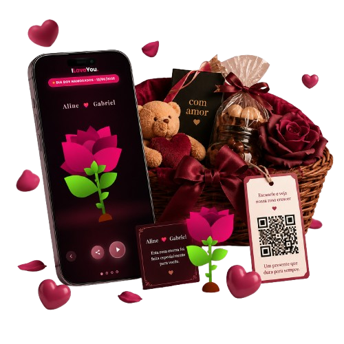 Rosa Eterna Digital no celular dentro de uma cesta de presente